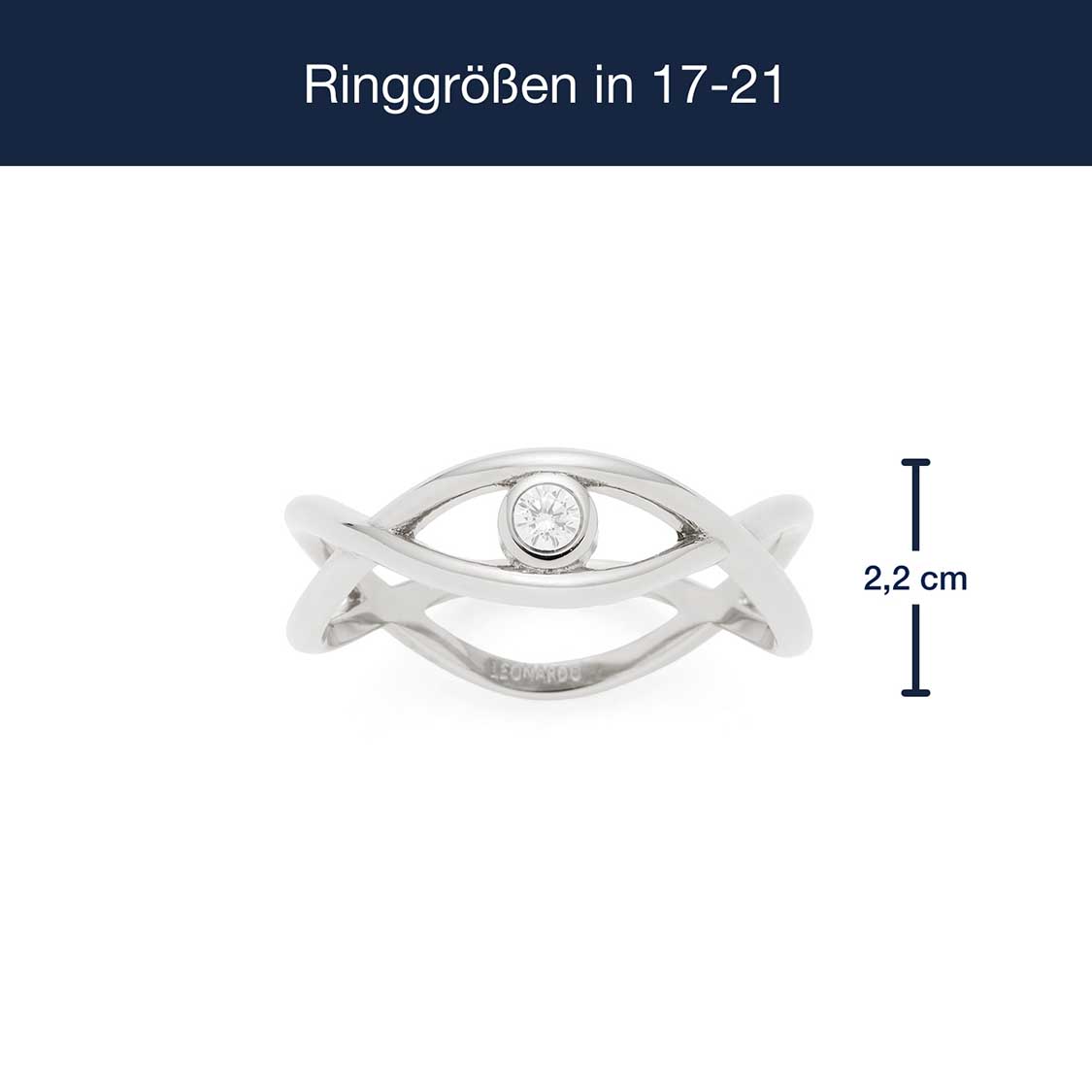 Massangaben zu Ring TAVARI 19 CIAO, silberner Ring mit ovalem Auge und Kristall