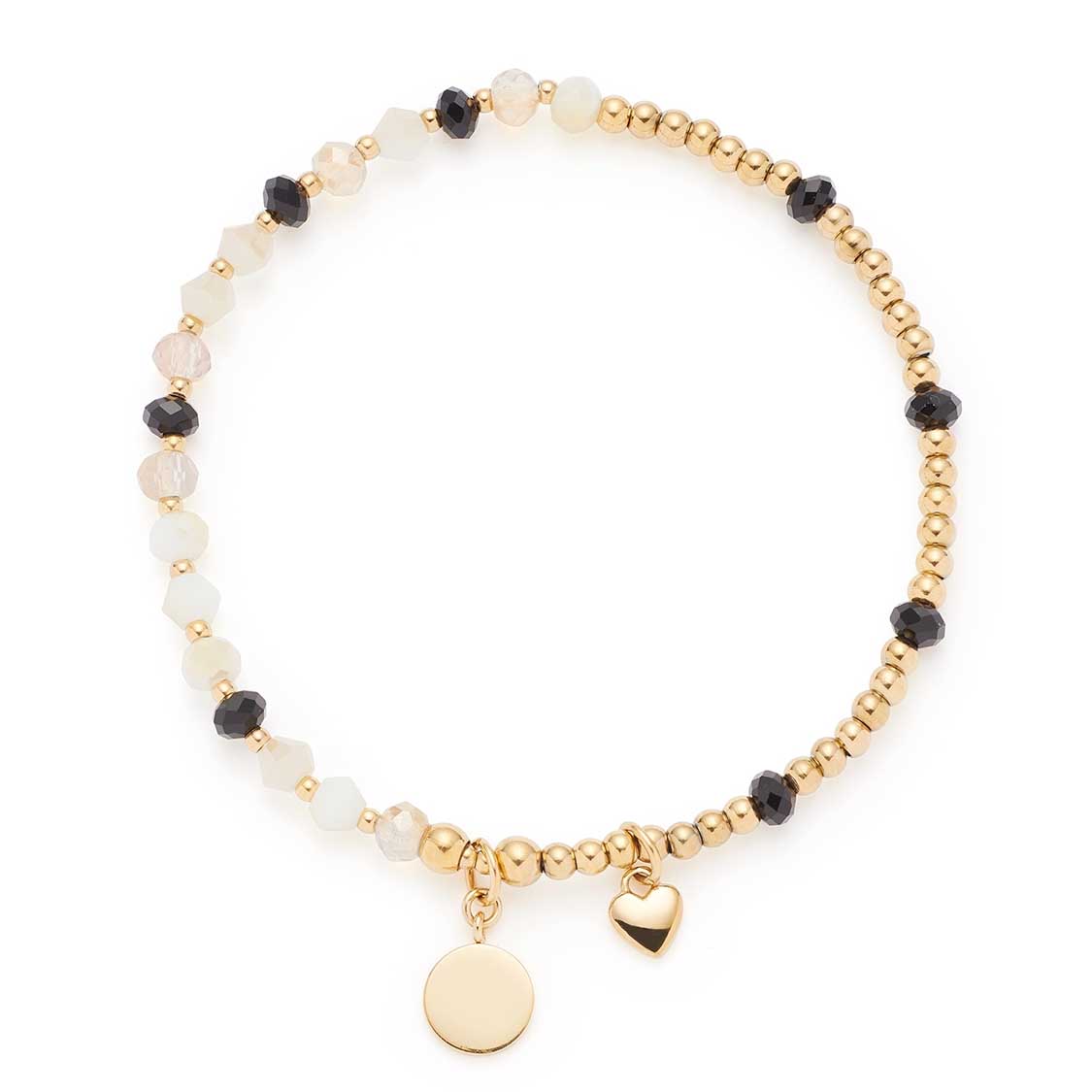 Armband TIAMO gold You & Me CIAO mit goldfarbenen und schwarzen Perlen, Herzanhänger und Münzanhänger