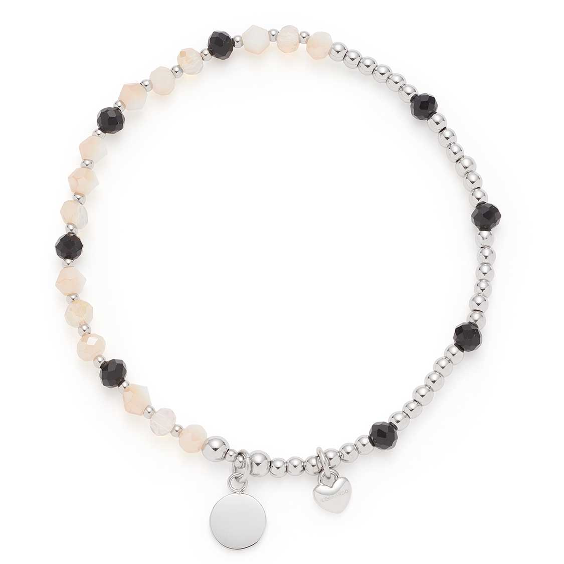 Armband LIORA You & Me CIAO mit schwarzen und beigen Perlen sowie silbernen Elementen und Anhängern