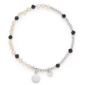 Armband LIORA You & Me CIAO mit schwarzen und beigen Perlen sowie silbernen Elementen und Anhängern