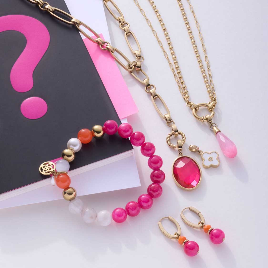 Halskette LIZZY mit Clip & Mix Schmuckset, goldene Ketten, rosa Perlen und Anhänger