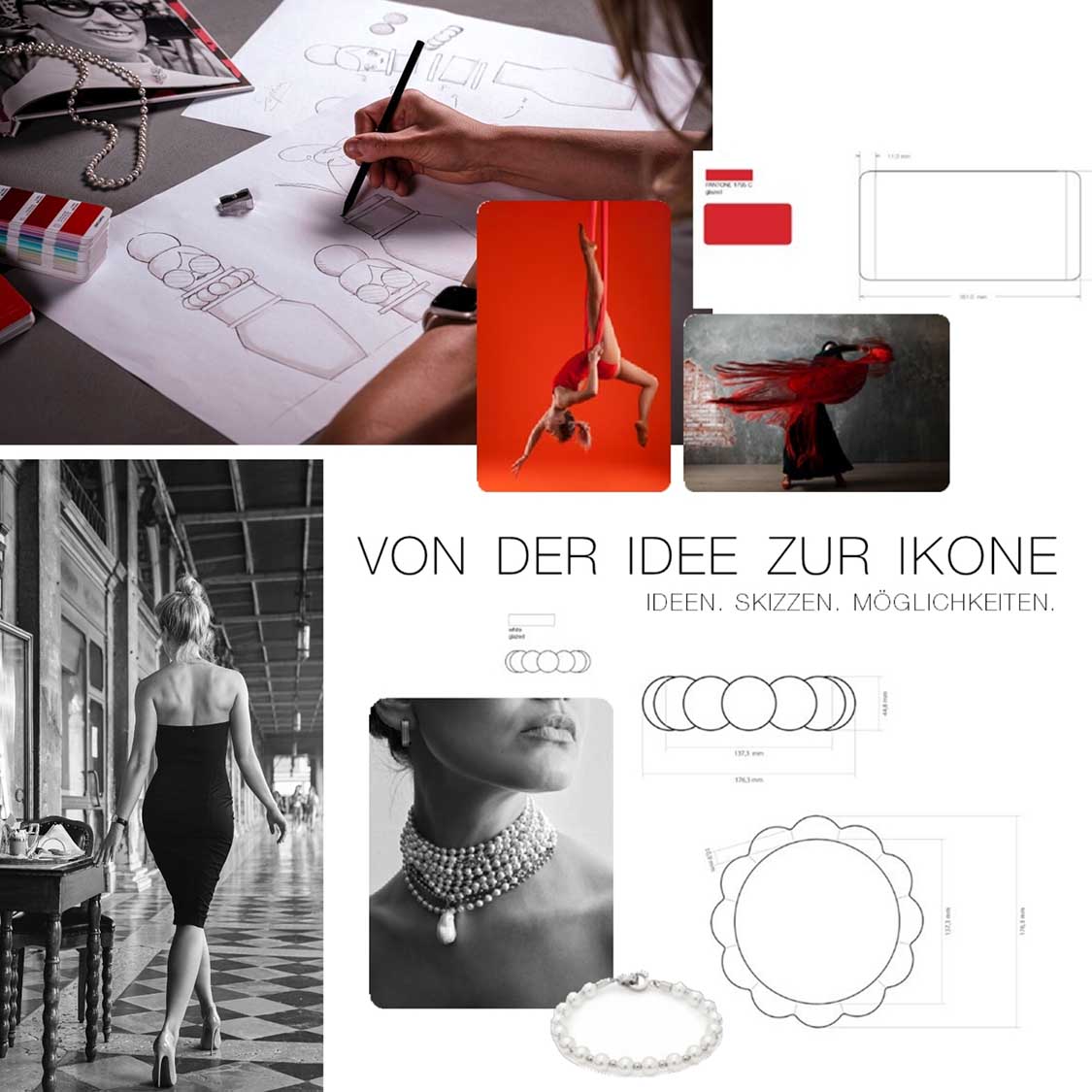 Designprozess mit Skizzen, Schmuckzeichnungen und Inspirationsbildern