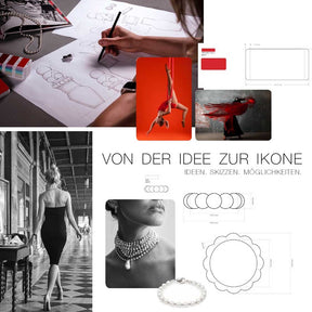 Designprozess mit Skizzen, Schmuckzeichnungen und Inspirationsbildern