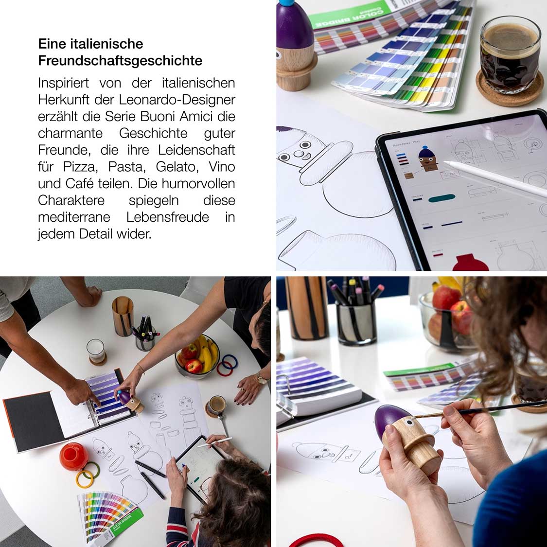 Designprozess mit Farbmustern, Skizzen und Designerin an Arbeitstisch