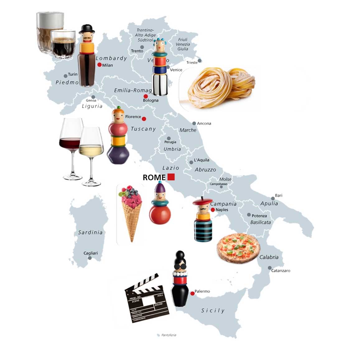 Objektvase BUONI AMICI Pino auf Italienlandkarte mit regionalen Produkten