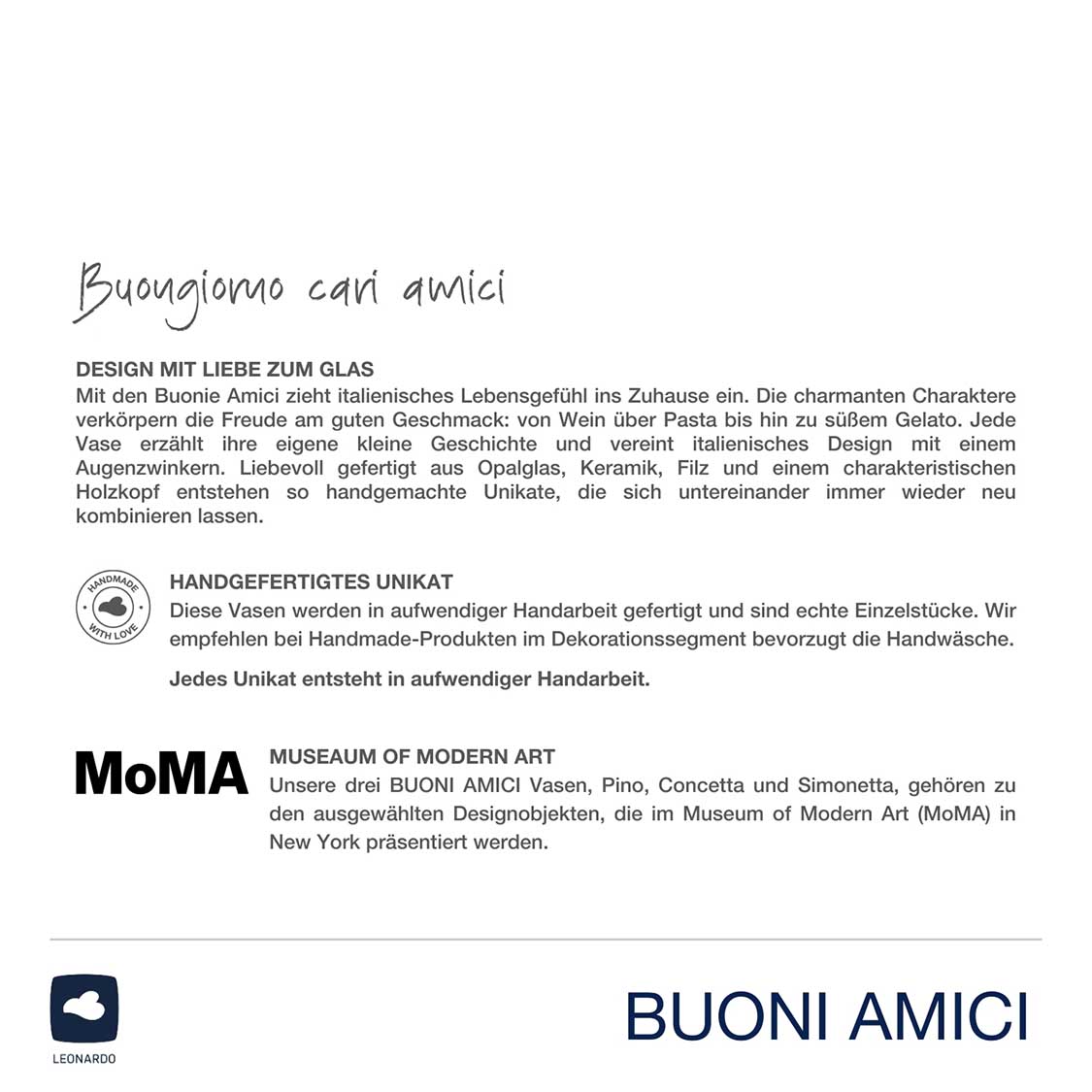 Objektvase BUONI AMICI Pino mit Produktbeschreibung und Herstellerinformationen