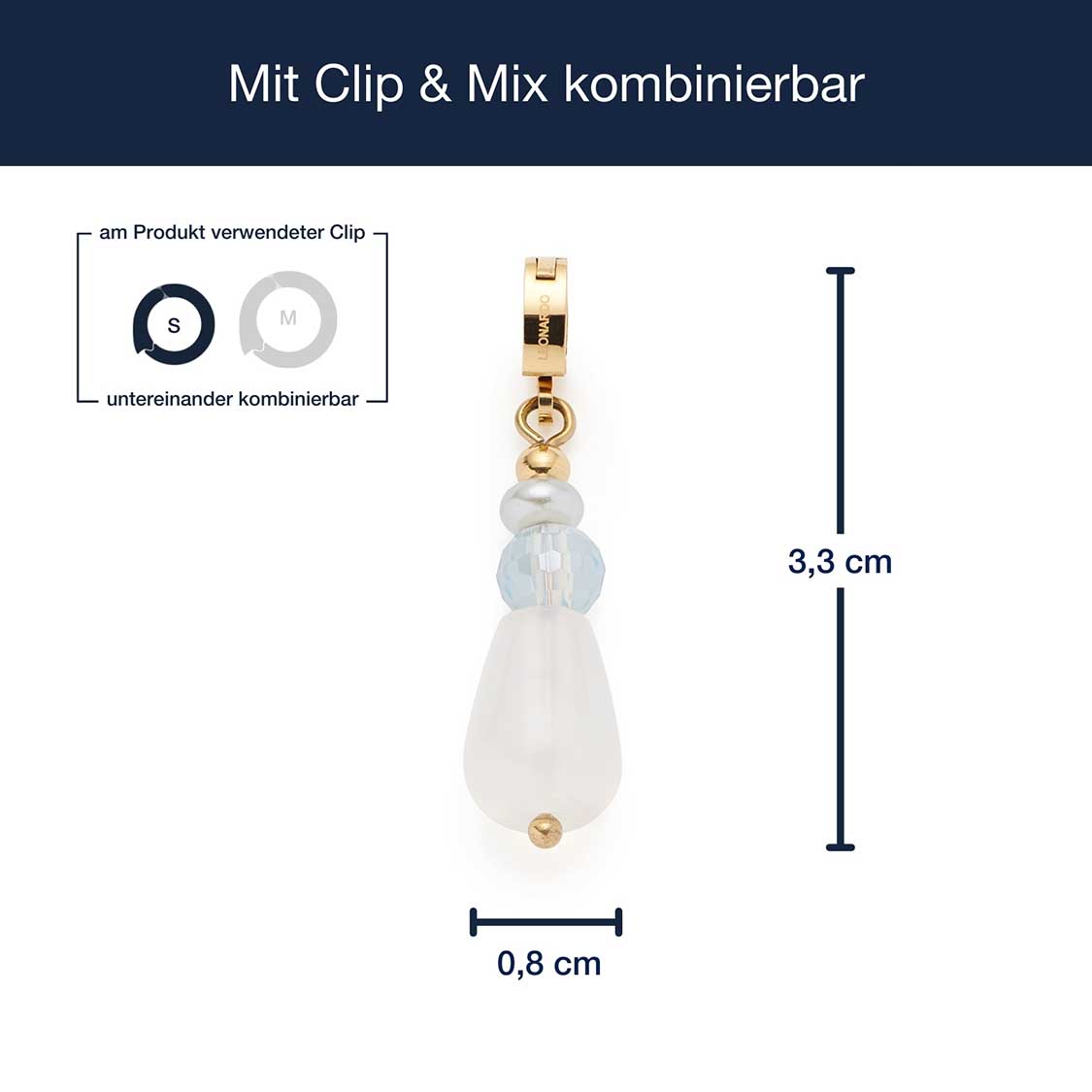 Anhänger JANE gold mit Clip & Mix Kombination und Massangaben