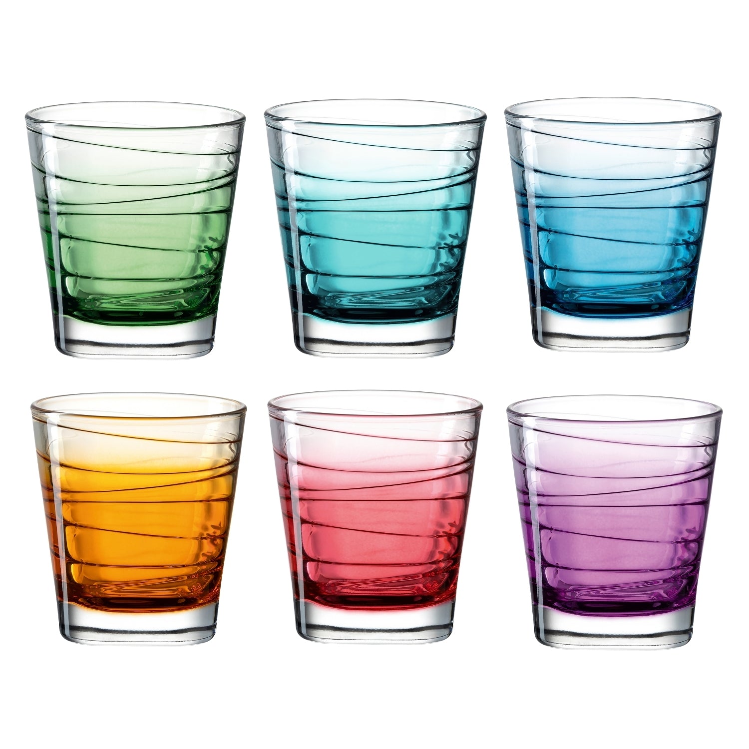 Sechs Trinkgläser VARIO STRUTTURA mit Farbverlauf in Grün, Türkis, Blau, Orange, Rosa und Violett
