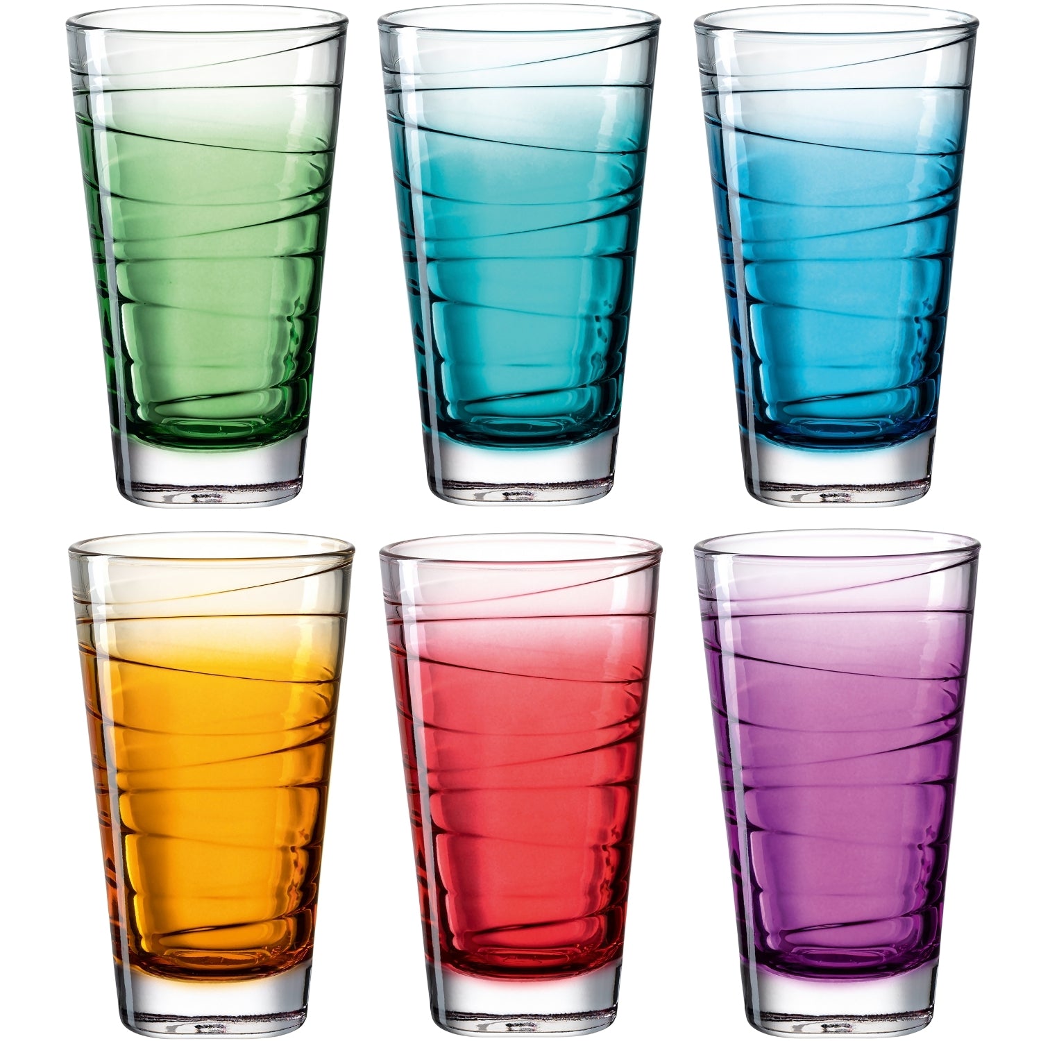 Sechs Trinkgläser VARIO STRUTTURA mit Farbverlauf in Grün, Türkis, Blau, Orange, Rot und Violett