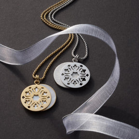 Halskette ANGEL in Silber und Gold mit zwei runden Anhängern und grauem Band