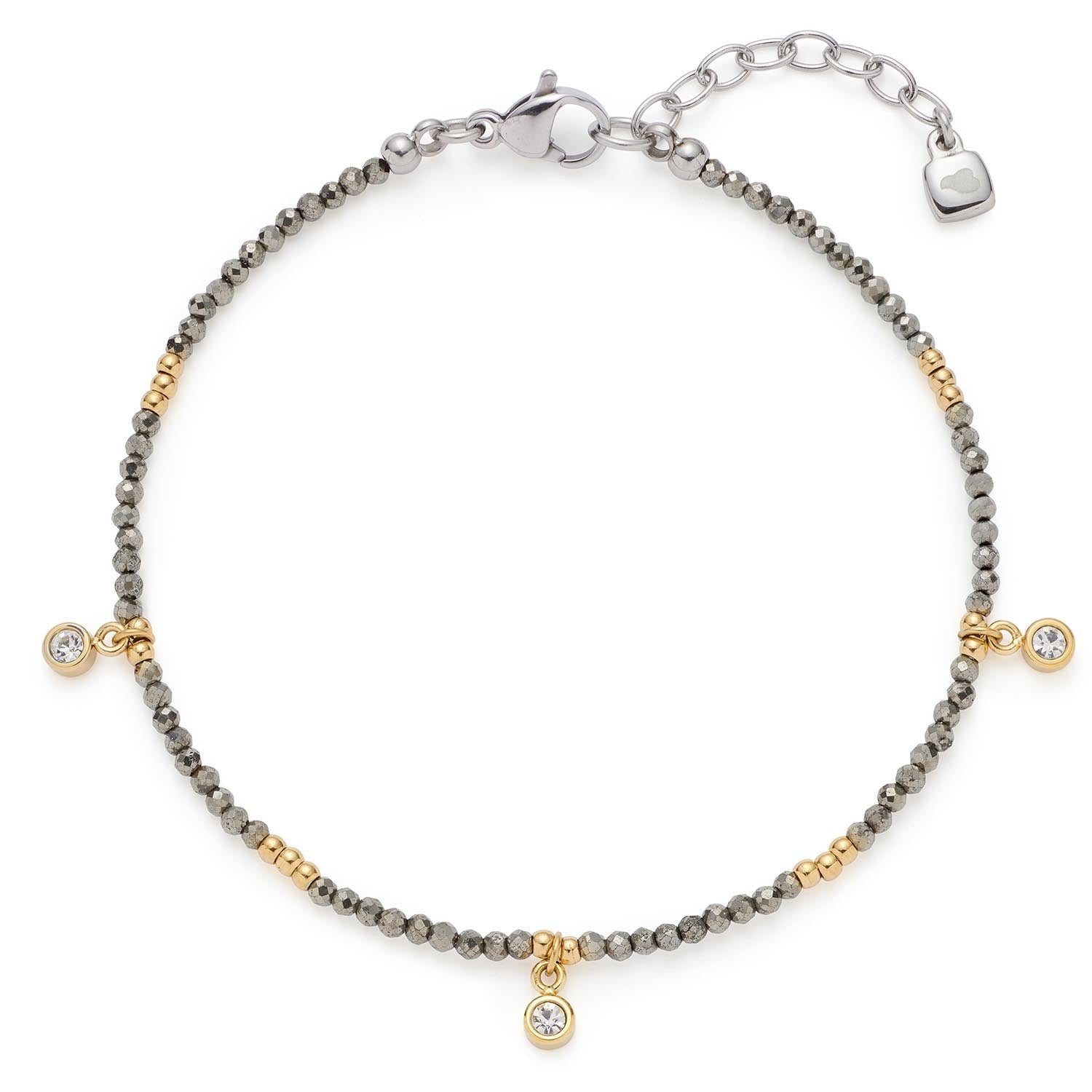Armband ANNA CIAO mit grau glänzenden Perlen, goldenen Akzenten und drei hängenden Anhängern mit Kristallen