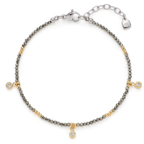 Armband ANNA CIAO mit grau glänzenden Perlen, goldenen Akzenten und drei hängenden Anhängern mit Kristallen