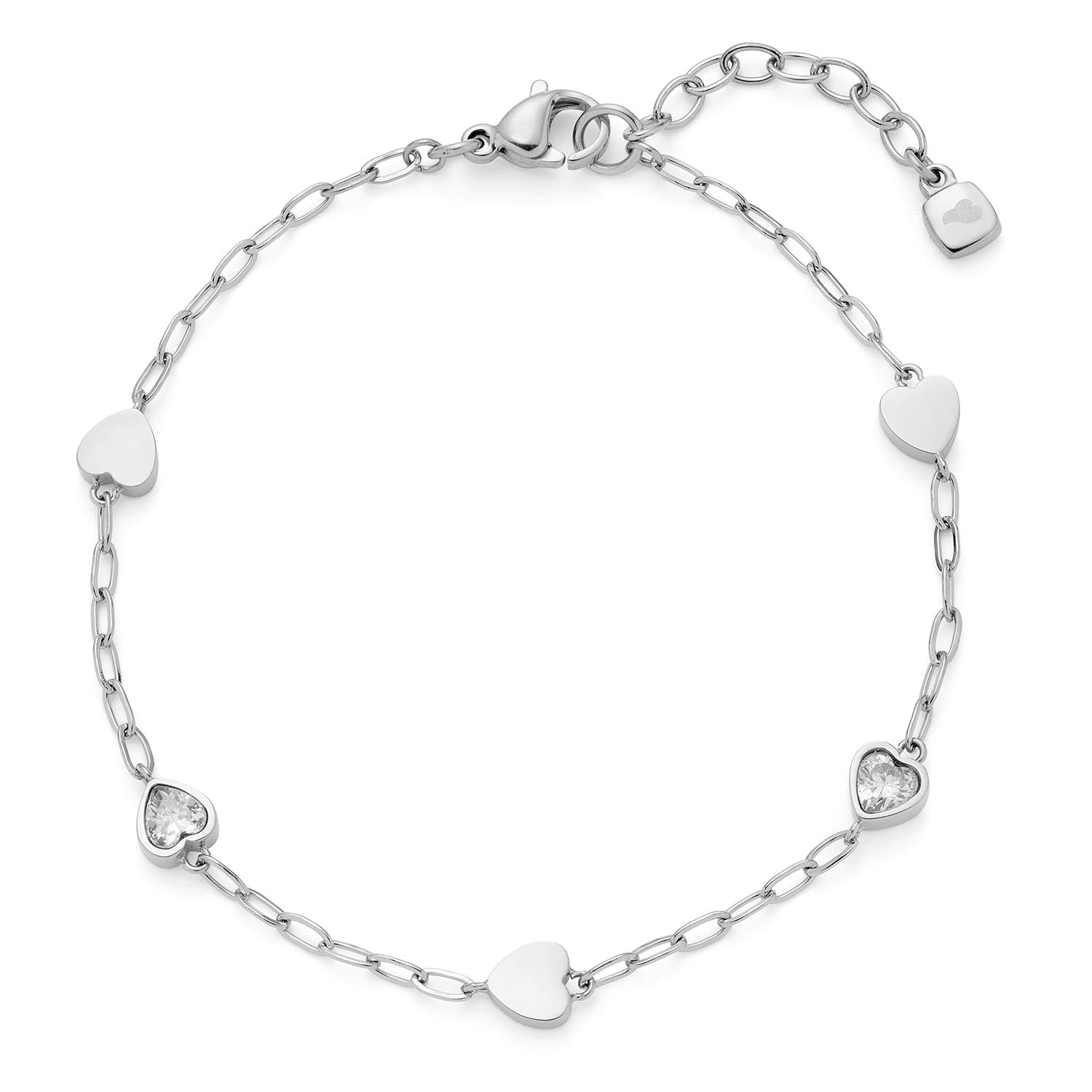 Armband CHRISTIE CIAO mit silbernen Kettengliedern, Herzanhängern und Herzcharms auf weißem Hintergrund