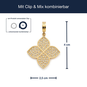 Anhänger FANNY gold Clip & Mix, vierlappiger Kleeblattanhänger mit Strasssteinen und Massangaben