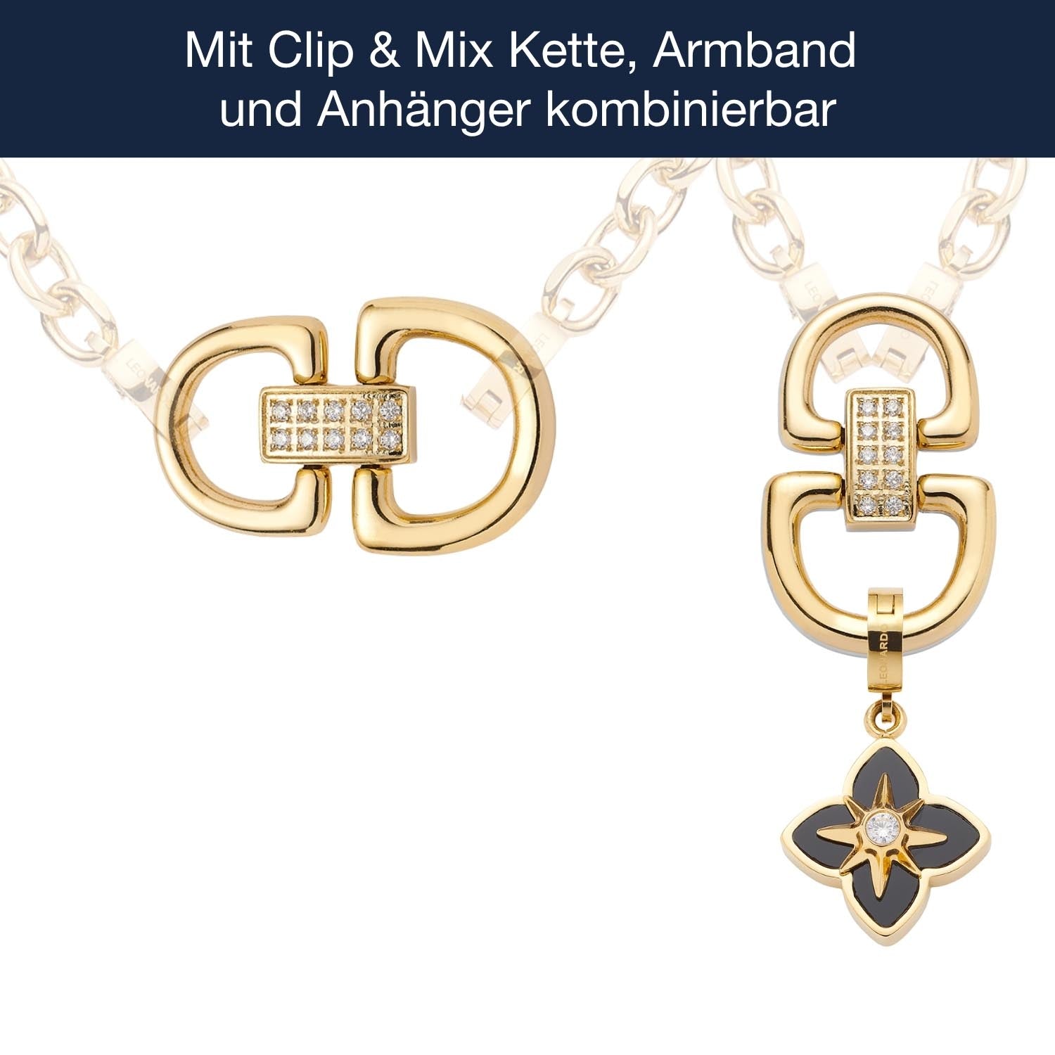 Schäkel TUXIDO gold Clip & Mix mit Kette und schwarzem Anhänger