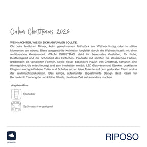 Trinkglas RIPOSO mit Weihnachtsmotiv und Produktinformationen, Pflegeanleitung