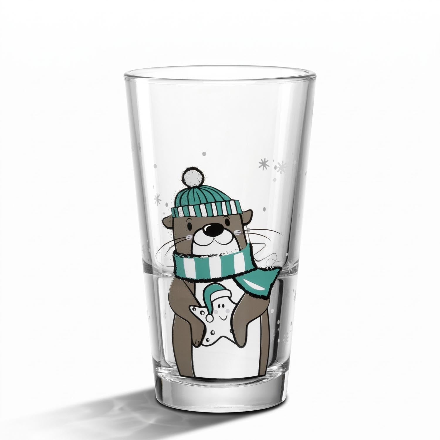 Trinkglas RIPOSO mit Otter-Motiv, grüne Mütze und Schal, Schneeflocken