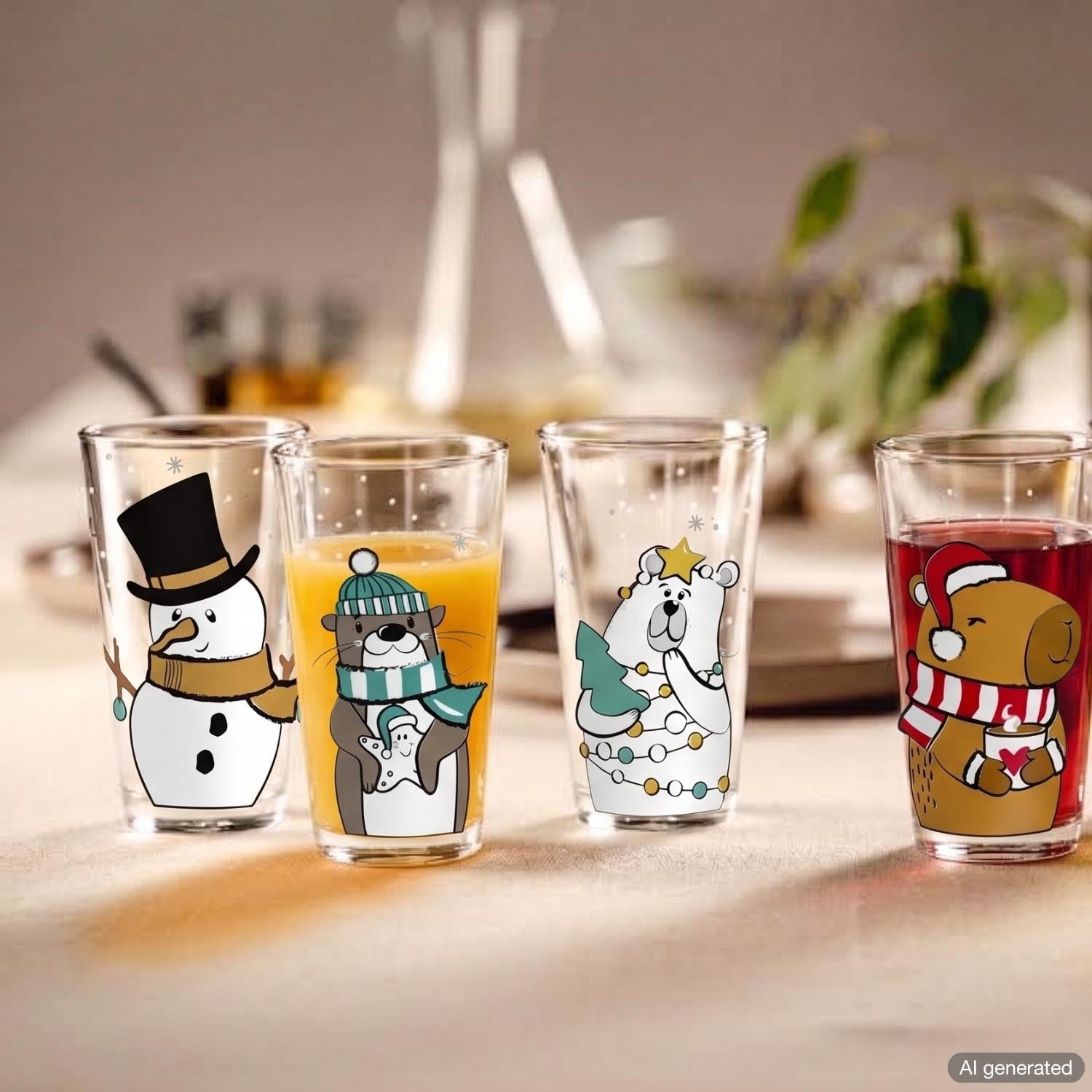 Vier Trinkgläser mit Weihnachtsmotiven auf hellem Tisch, im Hintergrund Dekoration