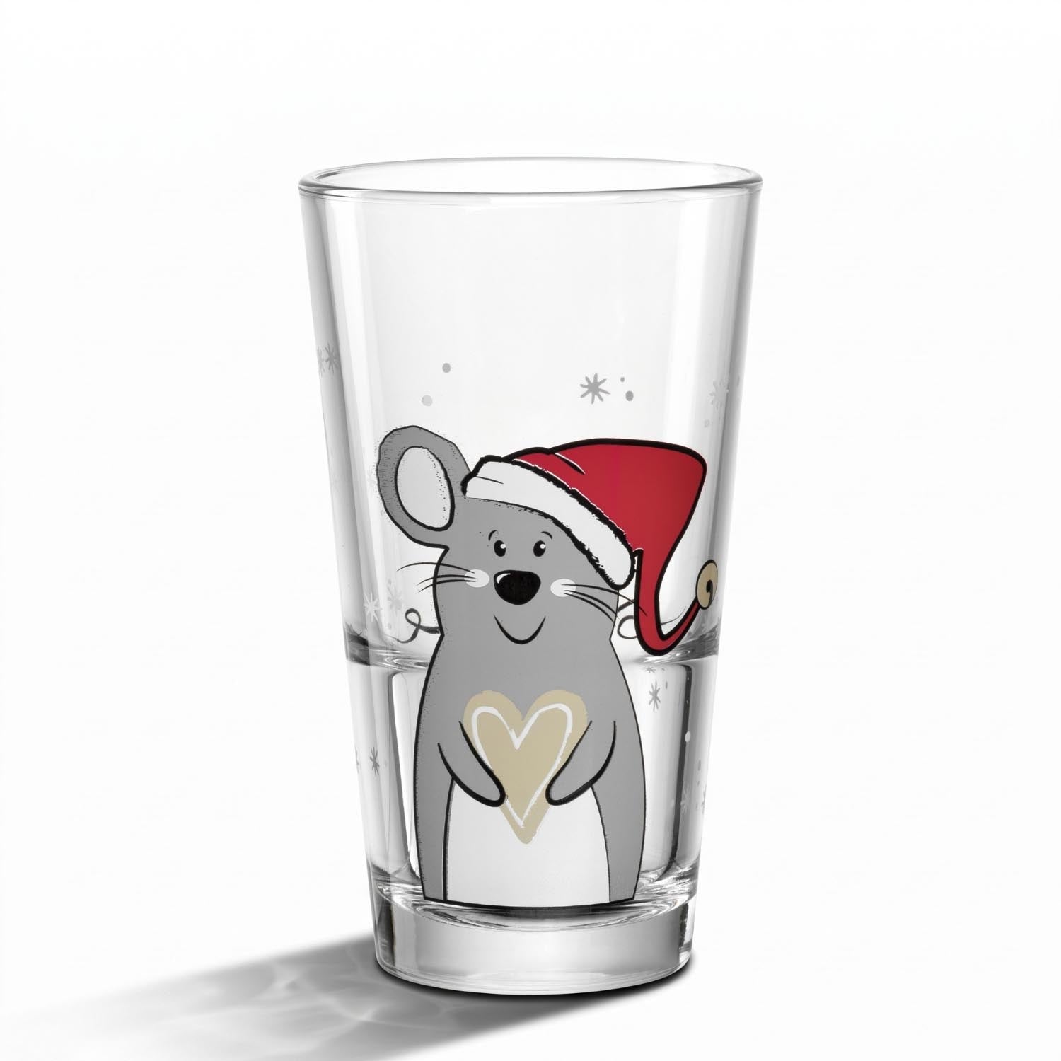 Trinkglas mit grauer Maus in Weihnachtsmütze und Herz-Design