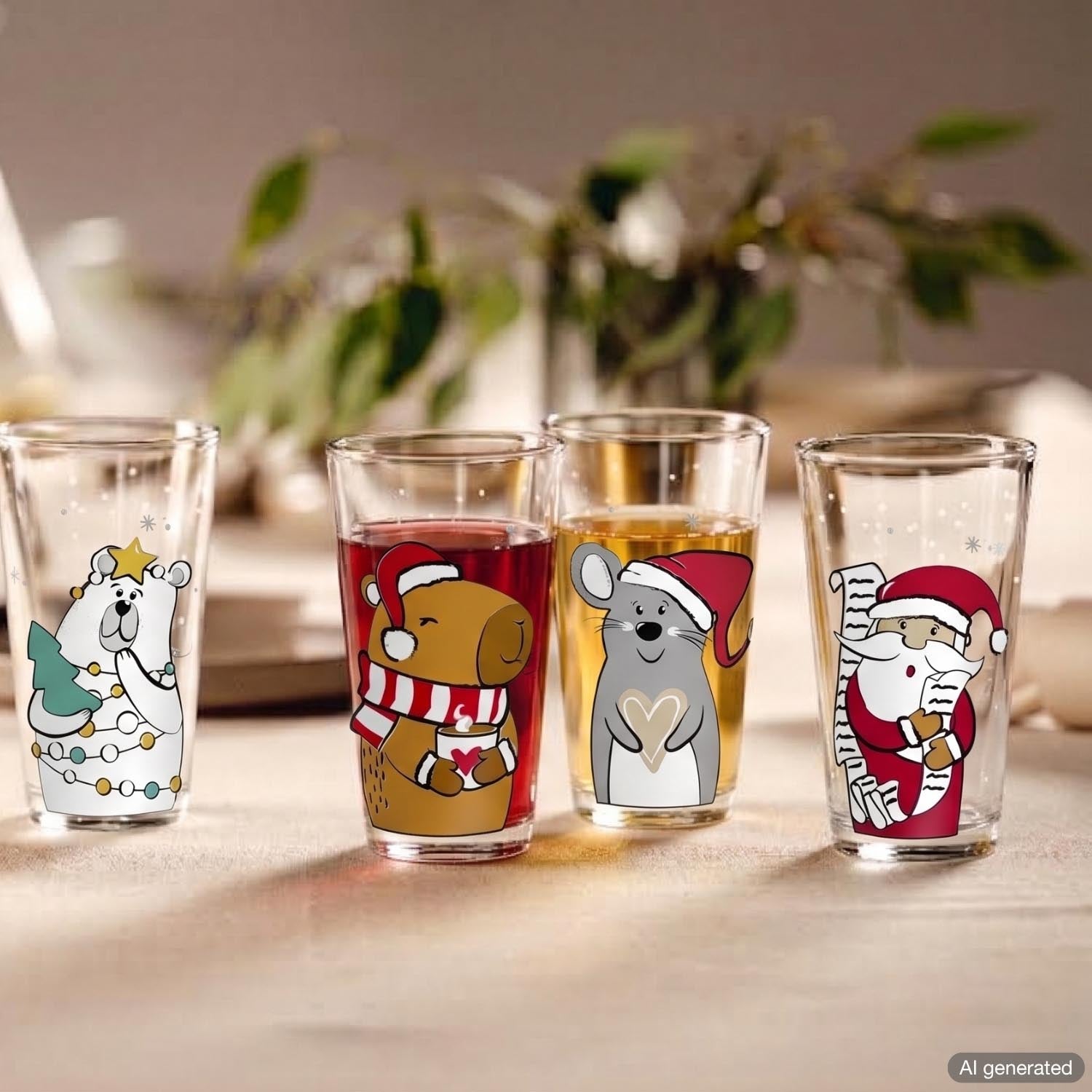 Vier Trinkgläser mit weihnachtlichen Motiven auf hellem Untergrund mit Pflanzendeko