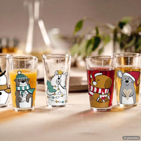 Vier Trinkgläser mit Eisbär-Motiven in Weihnachtsdesign auf Tisch arrangiert