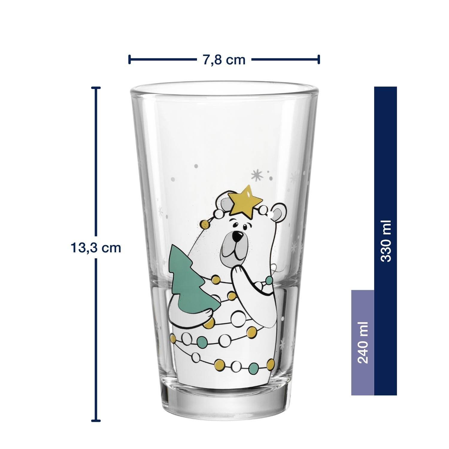 Trinkglas RIPOSO 330 ml Eisbär mit Weihnachtsmotiv und Massangaben