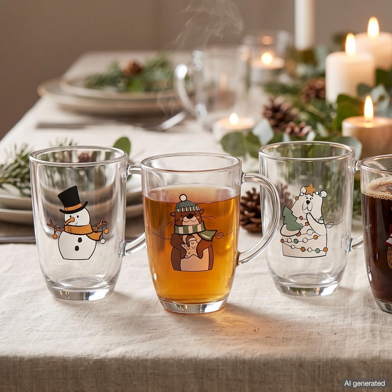 Festlich gedeckter Tisch mit Glastassen mit Weihnachtsmotiven, eine Tasse mit Otter-Design gefüllt