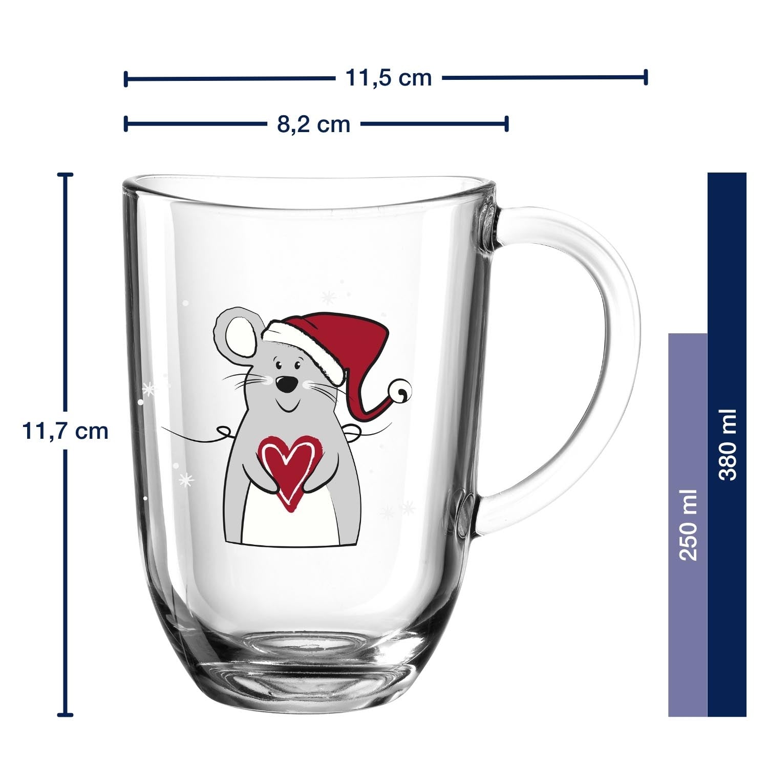 Tasse RIPOSO 380 ml Maus mit Weihnachtsmotiv und Massangaben