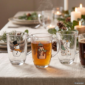 Tasse RIPOSO mit Schneemann-Motiv auf festlich gedecktem Tisch mit Dekoration