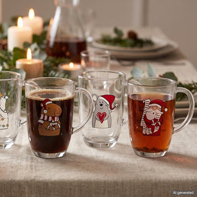 Weihnachtlich gedeckter Tisch mit Tassen und weihnachtlichen Motiven