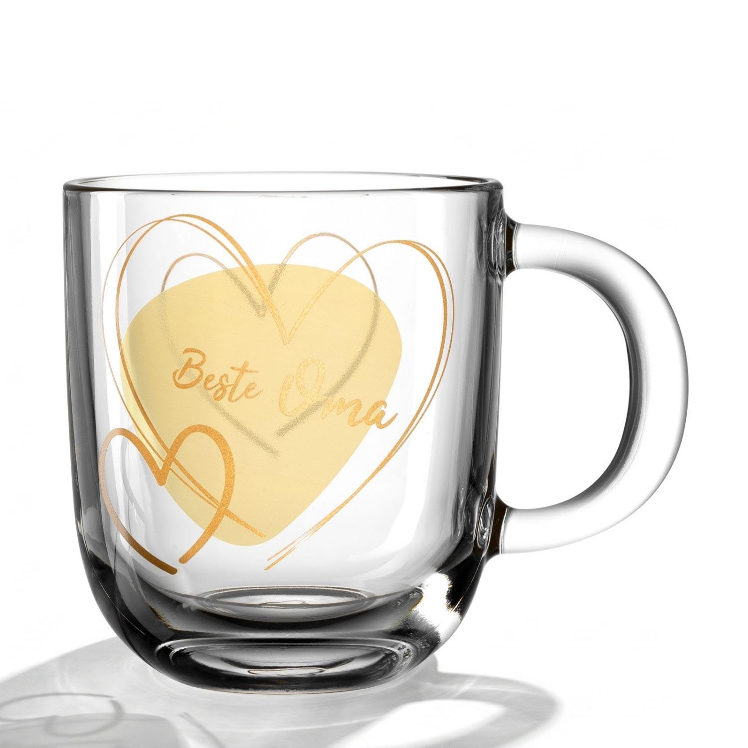 Glastasse EMOZIONE mit gelbem Herzmotiv und Gravur "Beste Oma"