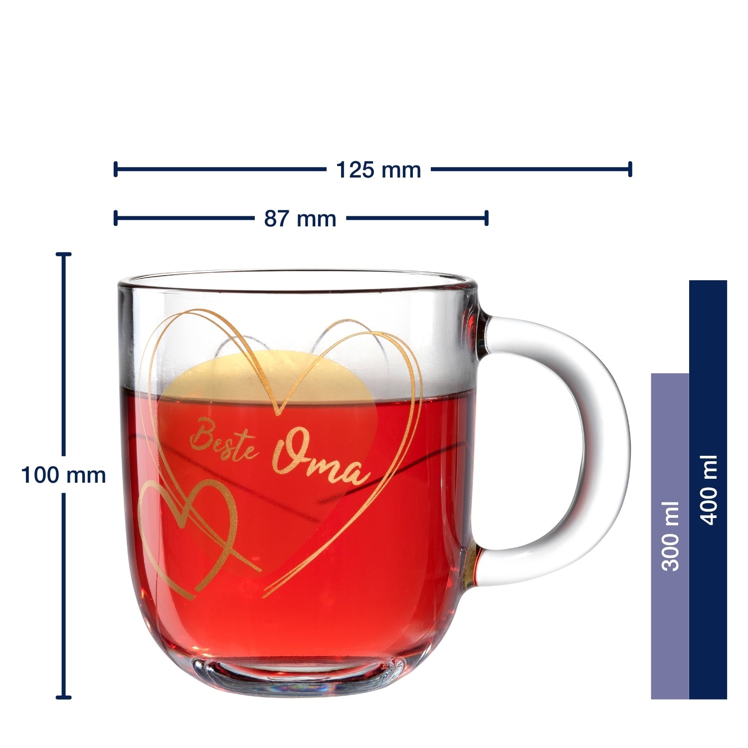 Massangaben zu Tasse EMOZIONE 400 ml 'Beste Oma', mit rotem Inhalt und goldenem Herzdekor