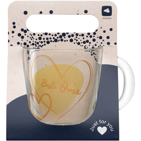 Glastasse EMOZIONE mit gelber Gravur "Beste Oma" und Herzmotiv, Verpackung