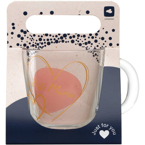 Glastasse EMOZIONE mit apricotfarbenem Herzmotiv und Schriftzug, Produktverpackung