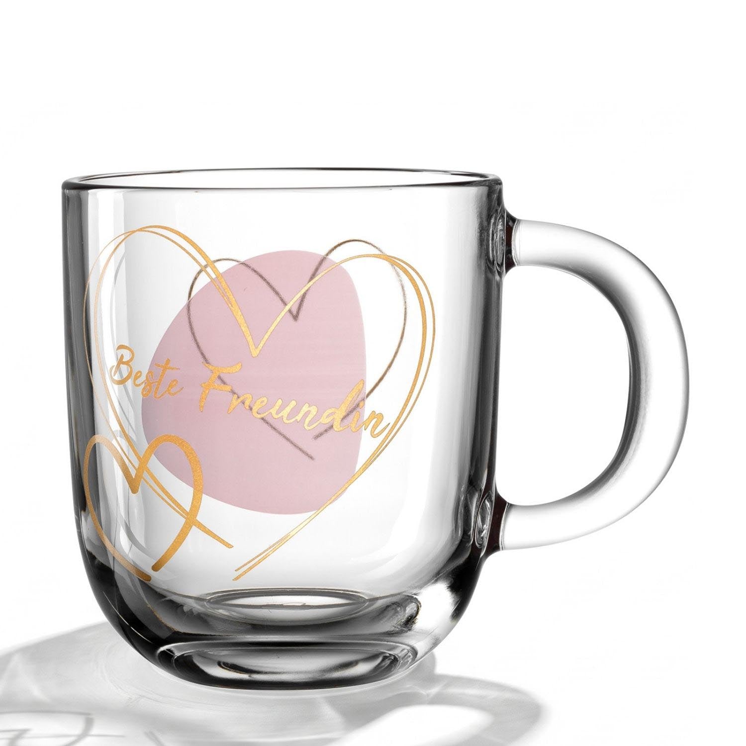Glastasse EMOZIONE mit rosafarbenem Herz und goldenem Schriftzug „Beste Freundin“