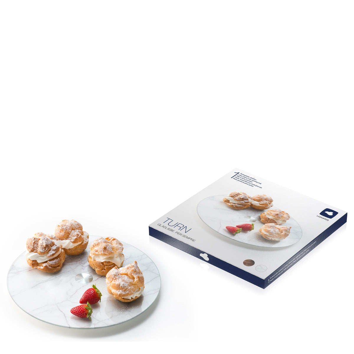 Servierplatte TURN mit Gebäck und Erdbeeren, Verpackung daneben