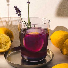Trinkglas LEGGERO mit lila Getränk, Lavendelblüte, Zitronen rundherum auf Tisch