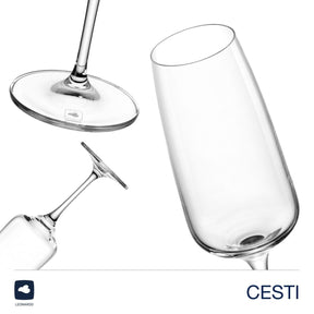 Sektglas CESTI mit Poliertuch, verschiedene Blickwinkel