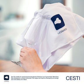 Hand hält Sektglas CESTI mit Poliertuch und Markenlogo