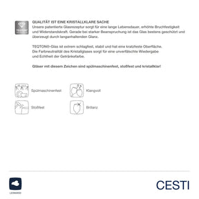 Produktinformationen und Qualitätsmerkmale Trinkglas CESTI mit Symbolen