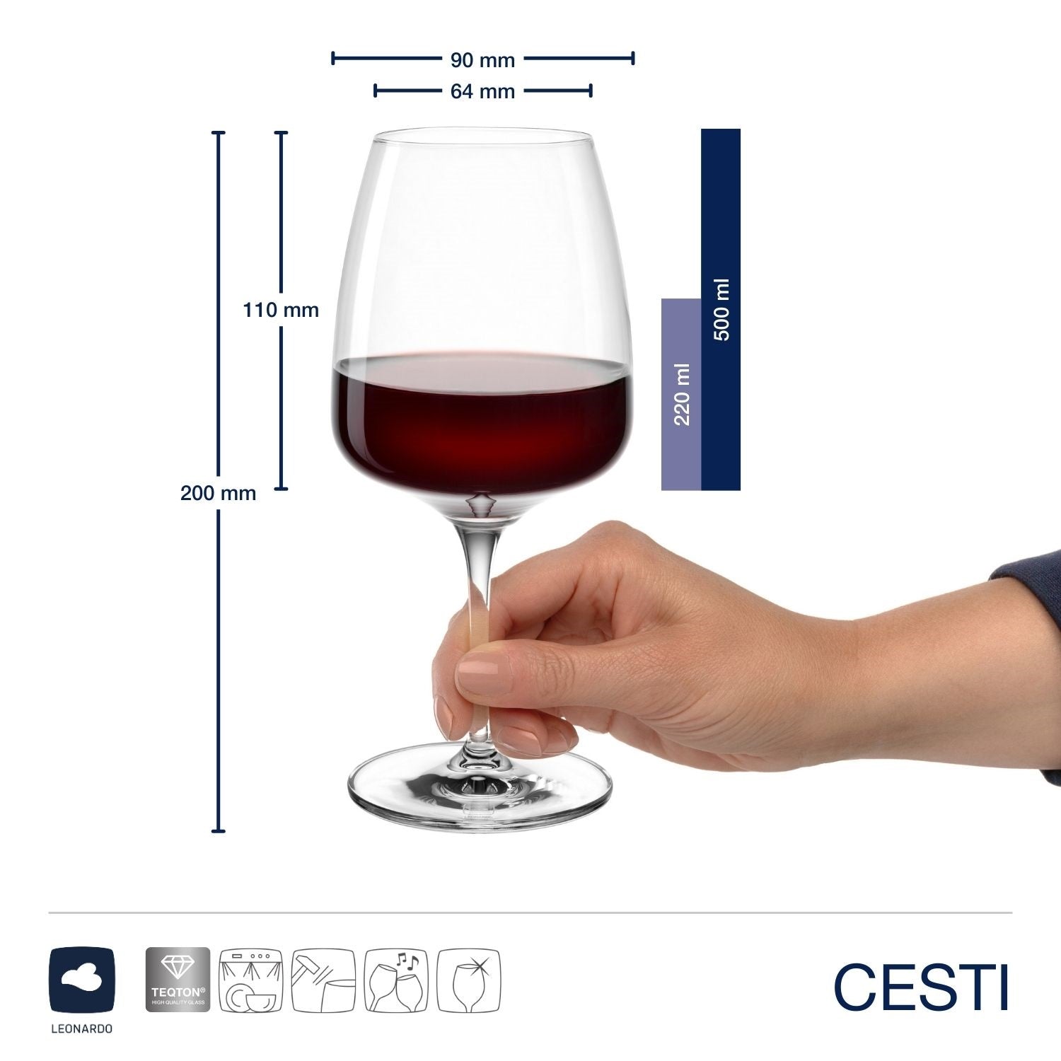 Weinset CESTI mit Rotwein gefülltem Kelchglas, Hand, Massangaben
