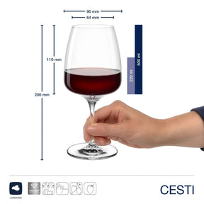 Weinset CESTI mit Rotwein gefülltem Kelchglas, Hand, Massangaben
