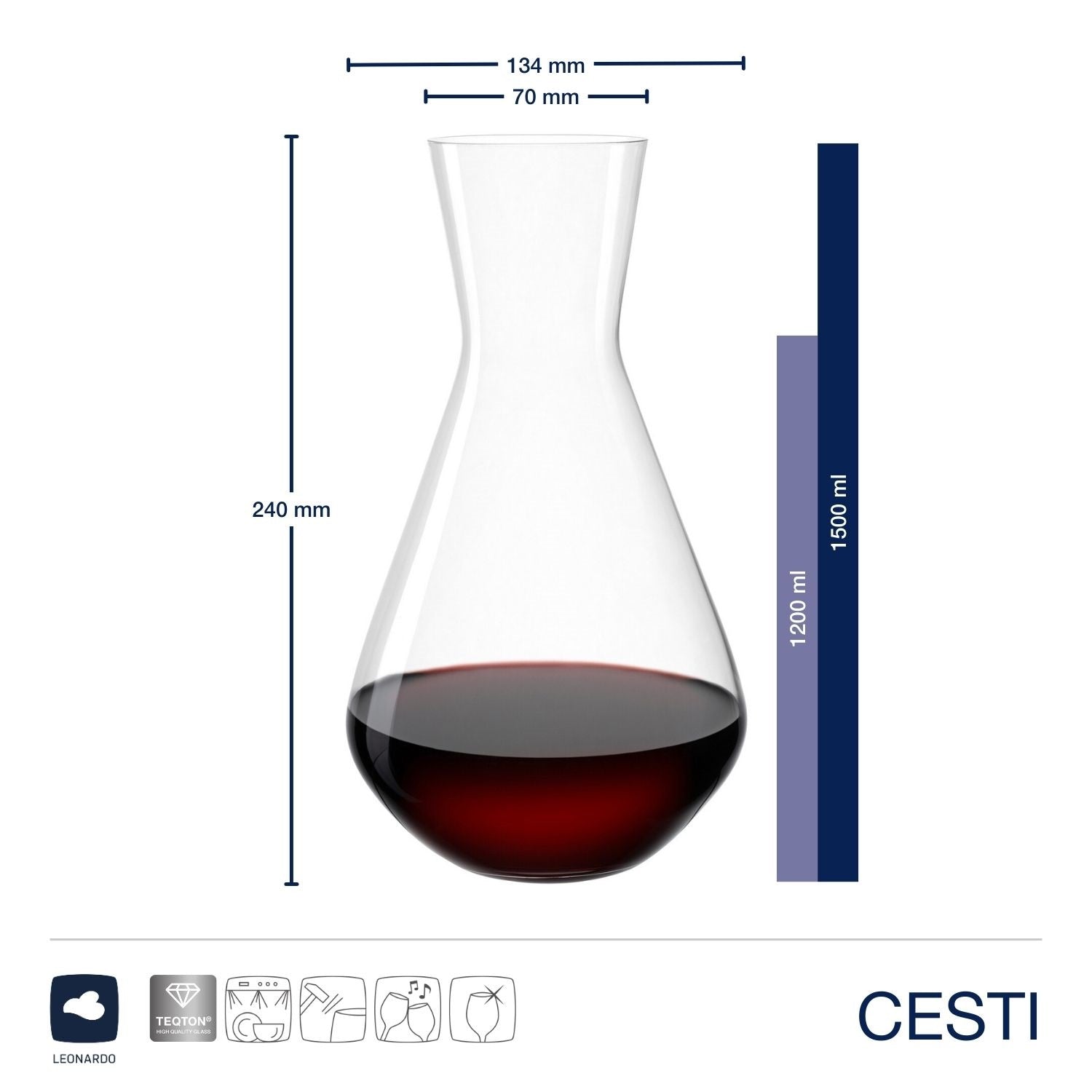 Massangaben zu Weinset CESTI 3-teilig, Dekantierkaraffe mit Rotwein gefüllt