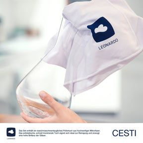 Hand hält klares Weinglas mit Poliertuch und LEONARDO-Logo