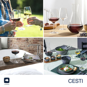 Weinset CESTI in verschiedenen Anwendungssituationen: Outdoor-Picknick, Tisch-Arrangement, moderne Küche und gedeckter Tisch