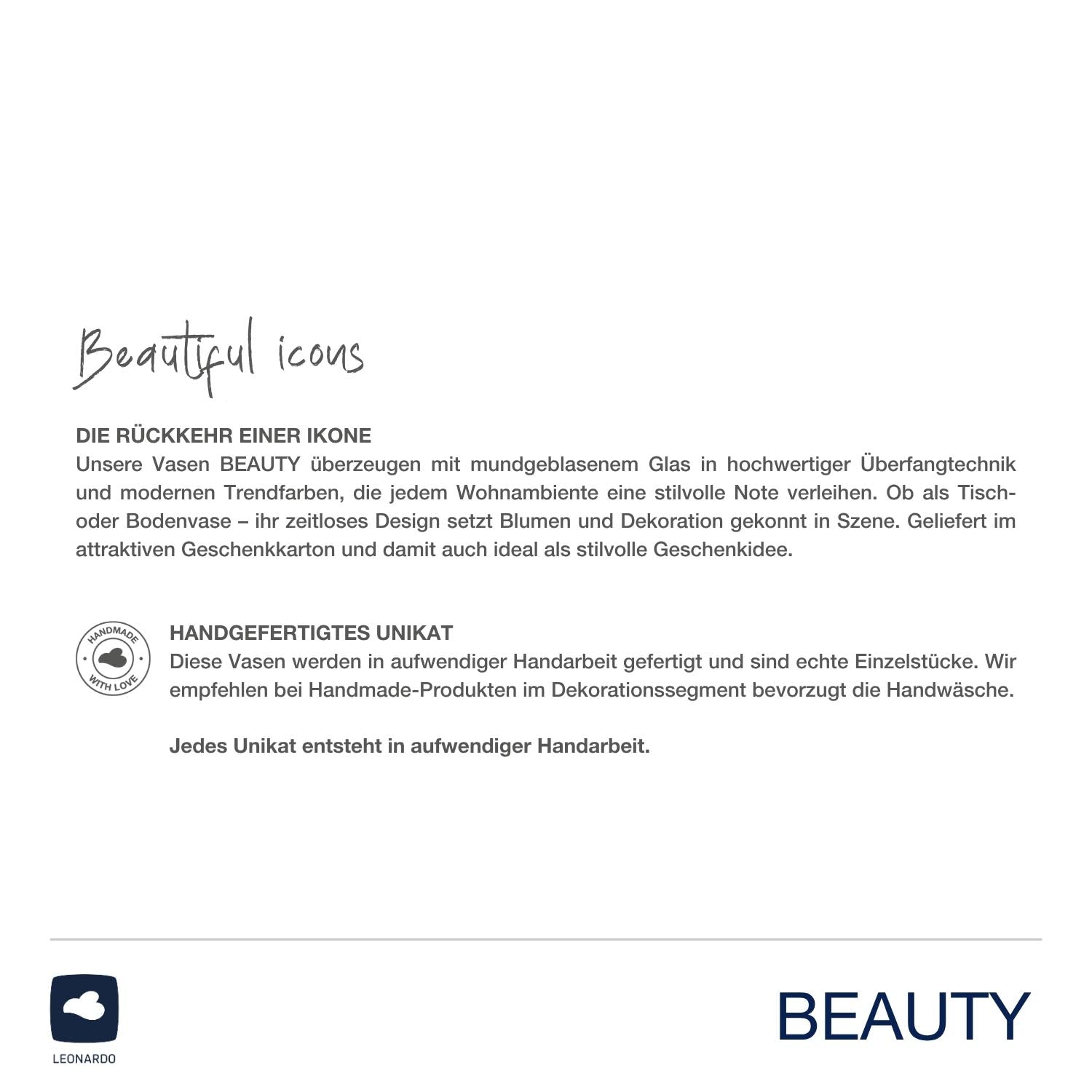 Vase BEAUTY weiß mit Produktbeschreibung und Handarbeitszertifikat
