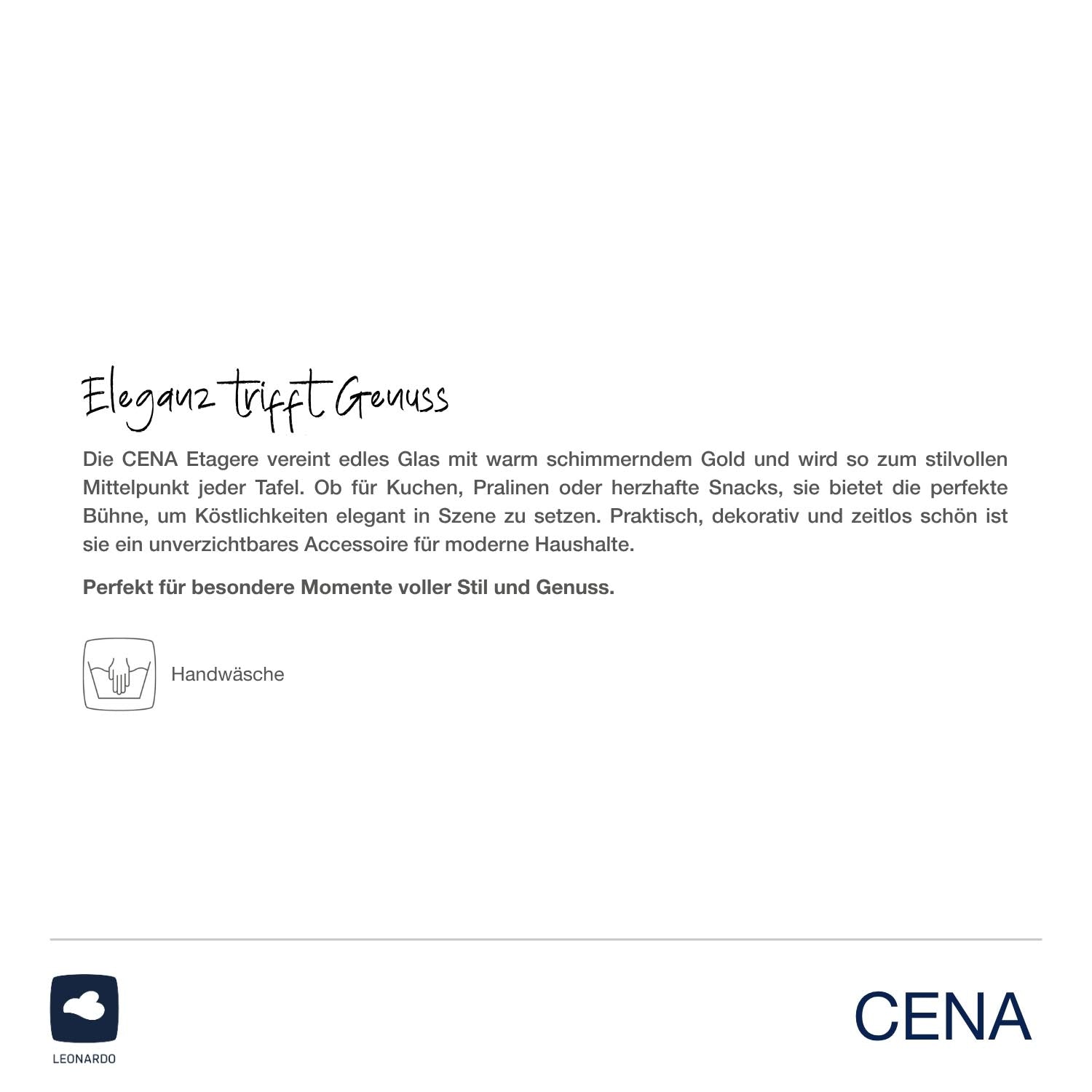 Etagere CENA gold 2-teilig mit Produktbeschreibung und Pflegeanleitung