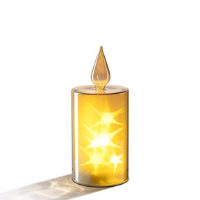 LED Kerze RIPOSO mit leuchtenden Sternen, goldfarben, auf weißem Hintergrund