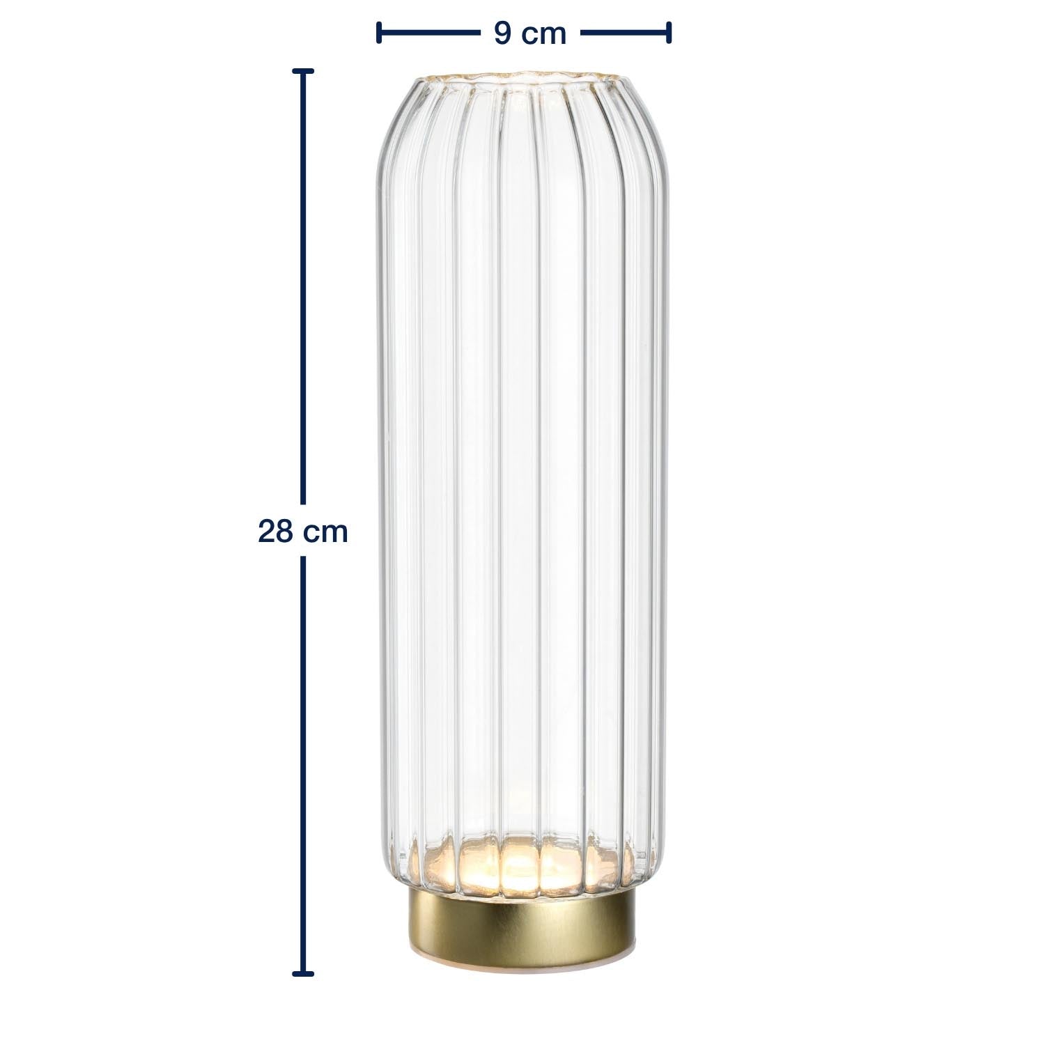 LED Vase RIPOSO mit Massangaben, geripptes Glasdesign und Messingfuss