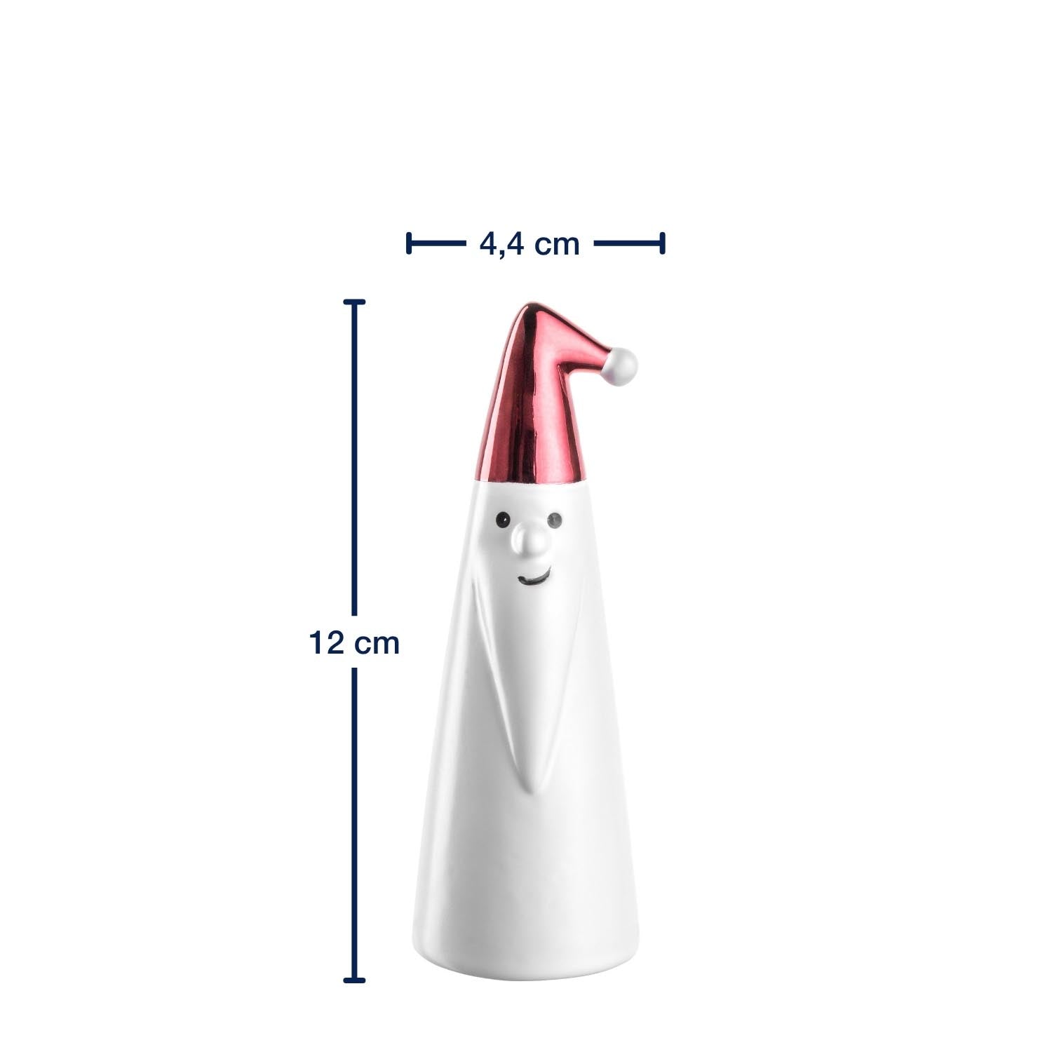 Massangaben zu Weihnachtsmann GIANNI, weiße kegelförmige Figur mit rosa Mütze